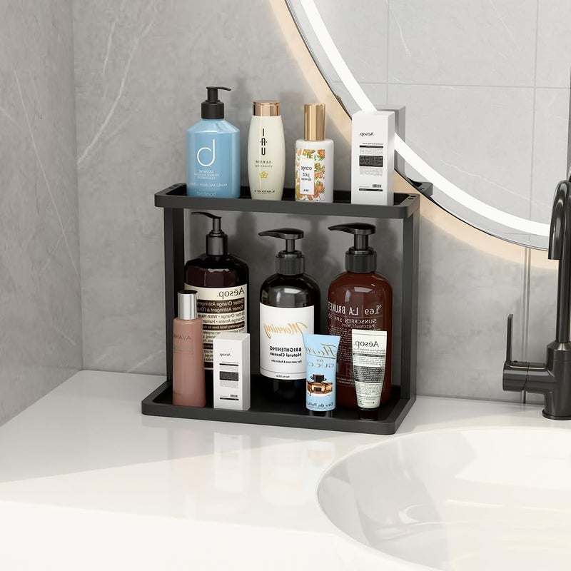 PEKER Bamboo Bathroom Organizer Countertop – Small Vanity Storage Shelf for Makeup, Perfume, Skincare – Natural Cosmetics Display Rack for Dresser, Sink, Kitchen –Black - Image 4